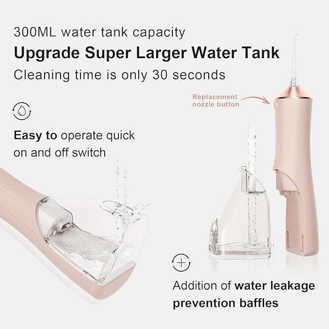 Water Dental Flosser for Teeth, Portable Cordless Water Flosser with 300ML Rechargeable with Type-C, IPX7 Waterproof Water Flossers for Adults with 3 Intensity Modes and 3 Flossing Tips
