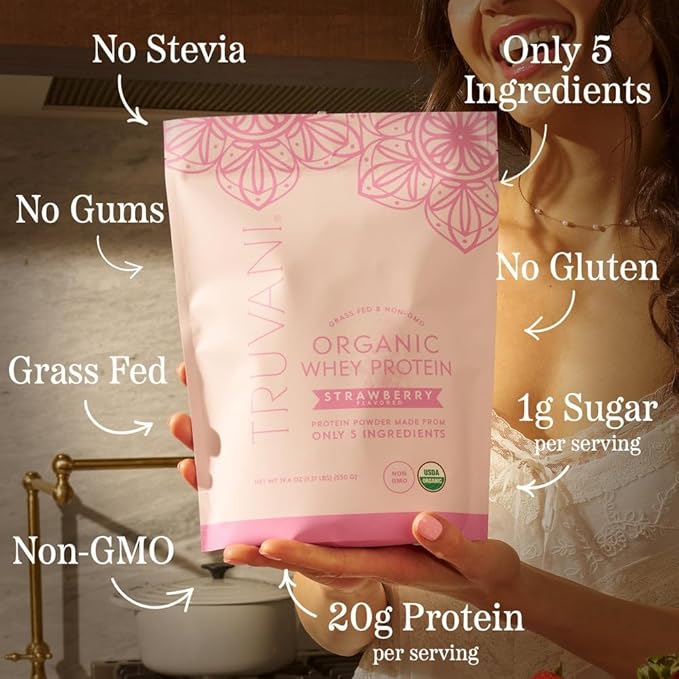 Truvani Organic Whey Protein Powder | Strawberry | 20g Grass Fed Whey Protein | 20 Servings | USDA Organic & Non-GMO | Gluten Free | No Gums, No Soy, No Stevia, No Added Sugars