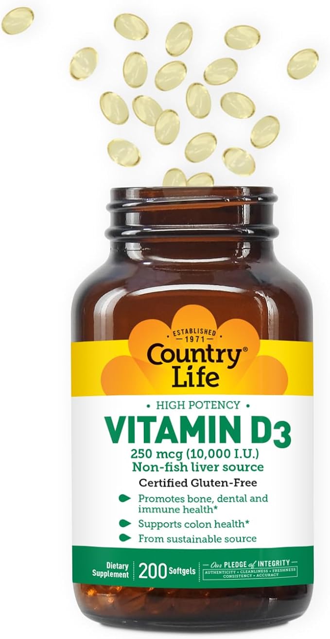 Country Life Vitamin D3 10,000 IU – High Potency Non-Fish Source – Bone & Immune Support – Certified Gluten-Free – 200 Softgels