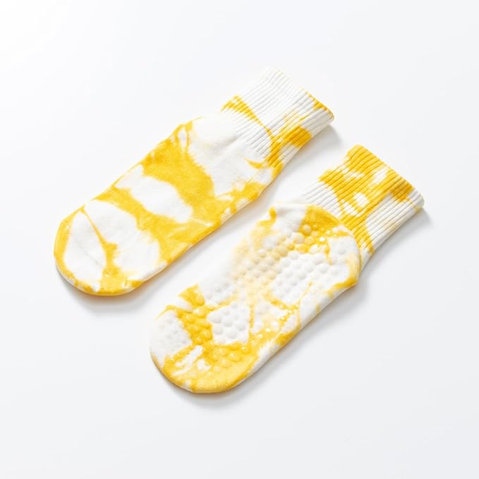Yoga Pilates Socks with Grips for Women Non Slip Fleece Tie Dye Cushioned Ankle Socks for Barre Ballet Dance