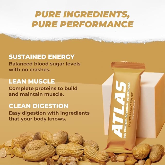 Atlas Protein Bars - 20g Protein, 0g Natural Sugar, 0g Seed Oils, No Sugar Alcohols, No Artificial Ingredients (Salted Peanut Butter, 12 Pack)