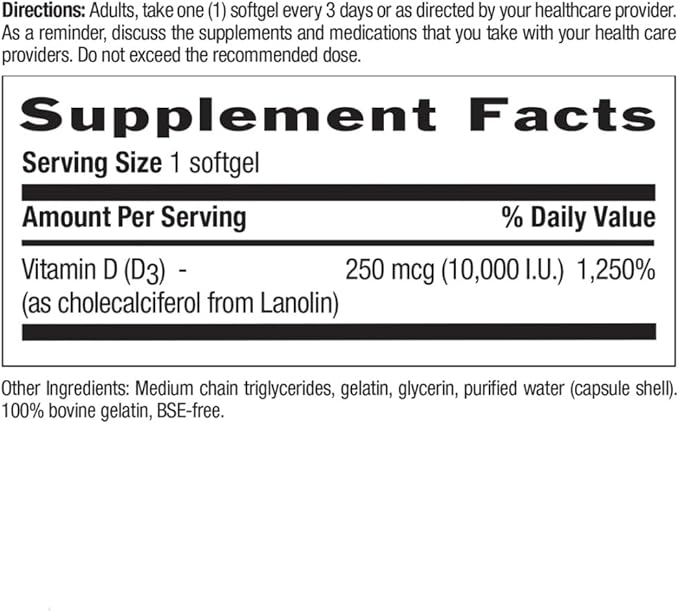 Country Life Vitamin D3 10,000 IU – High Potency Non-Fish Source – Bone & Immune Support – Certified Gluten-Free – 200 Softgels