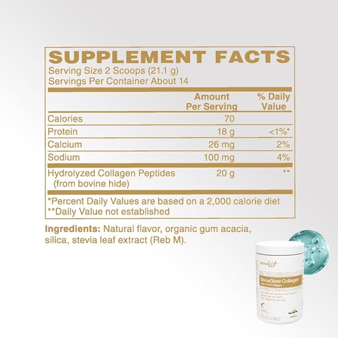 BonaGlow - Hydrolyzed Collagen Powder - Vanilla Flavor - 24 Servings - Type I & III with Vitamin C, Probiotics, and Digestive Enzymes - Skin, Nails, Hair - High Dosis of Collagen & Protein