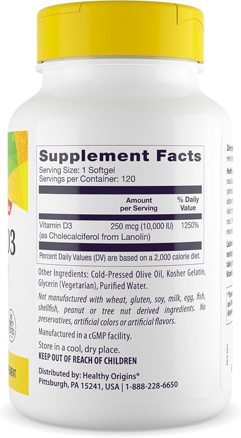 Healthy Origins Vitamin D3 10,000 IU (Non-GMO, High Potency, Bone Support, Immune Support, Gluten Free), 120 Softgels