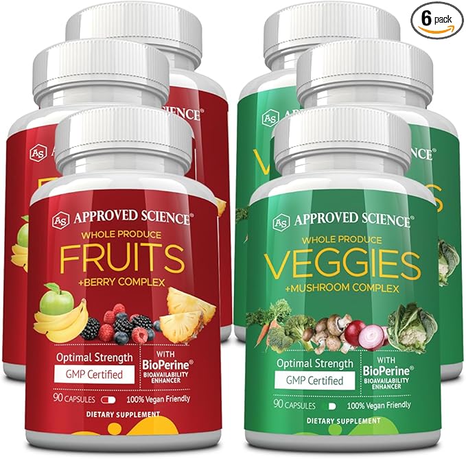 Approved Science Fruits & Veggies - 42 Whole Fruit and Veggie Supplement - Enhanced Health & Vitality - Daily Natural Vitamins, Minerals, Antioxidants - 270 Capsules Each - 3-Month Supply