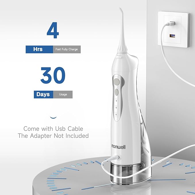 Water Flosser Cordless, Mornwell Water Flossers for Teeth - 300ML Tank and 4 Jet Tips, 3 Modes Portable Dental Oral Irrigator, Braces Care, Rechargeable Waterproof Portable Water Flosser, White