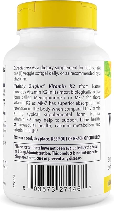 Healthy Origins Vitamin K2 100 mcg (MK-7, Non-GMO, Gluten Free, Cardiovascaular Support, Bone Support), 180 Veggie Gels