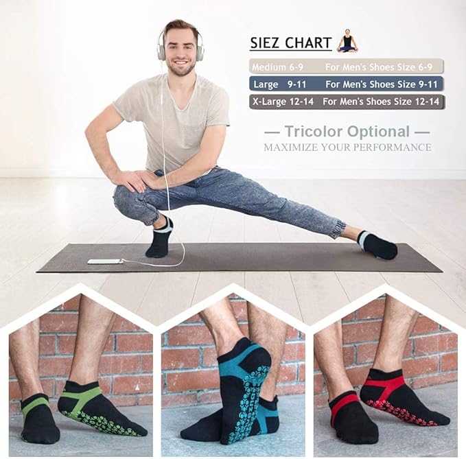 Muezna Men's Non-Slip Yoga Socks, Anti-Skid Pilates, Barre, Bikram Fitness Hospital Slipper Socks with Grips