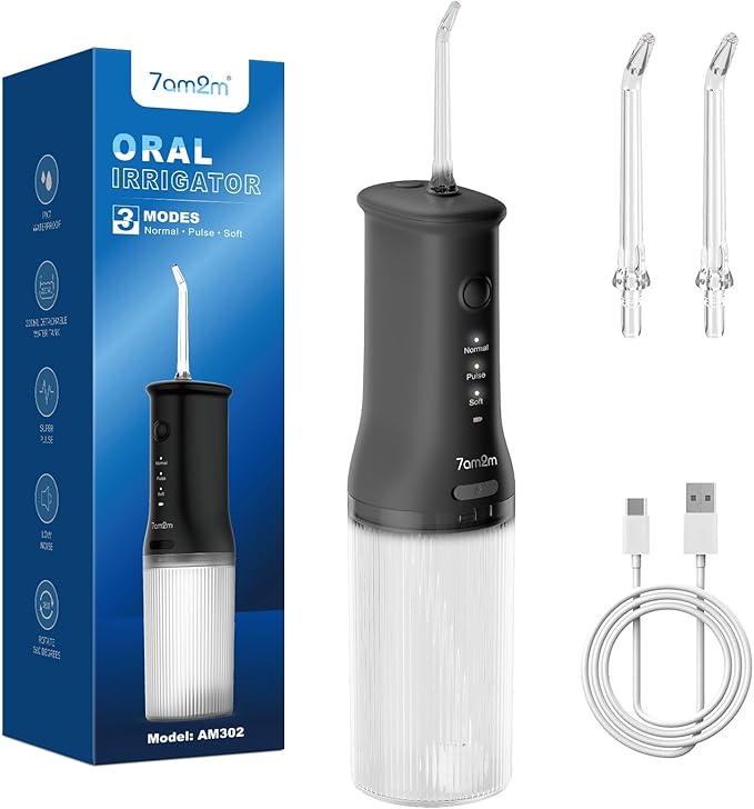 7AM2M Portable Water Flosser Cordless, Water Flosser with 3 Modes and 2 Jet Tips, USB C Rechargeable, IPX7 Waterproof, Dental Water Flosser for Travel and Home Use (Black)
