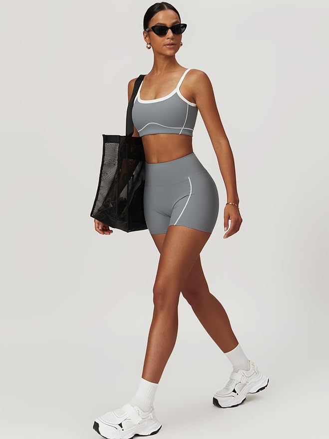 Workout Sets for Women 2 Piece Contrast Panel Sports Bra Tummy Control Butt lifting Shorts Jogger Outfits 