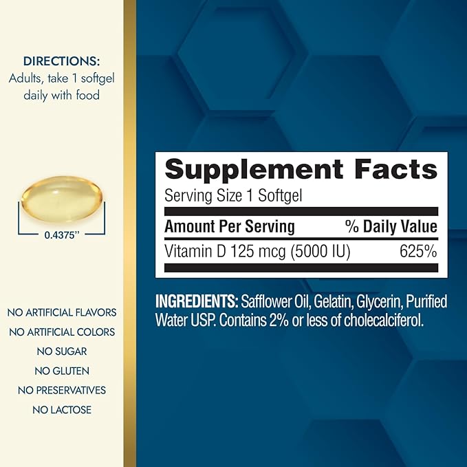 Nature's Wonder Vitamin D3 5000iu (125mcg) High Potency, Dietary Supplement to Support Bone Health and Immune System, Gluten Free, 360 Softgels, 1 Year Supply