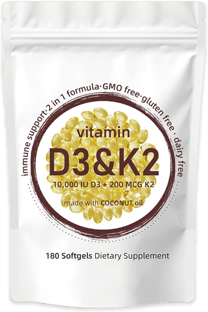 Vitamin D3 10000 iu Plus K2 (MK-7) 200 mcg, 180 Virgin Coconut Oil Softgels| 2 in 1 Vitamins D & K Complex | Supports Bone, Heart & Immune Health - Non-GMO – Easy to Swallow