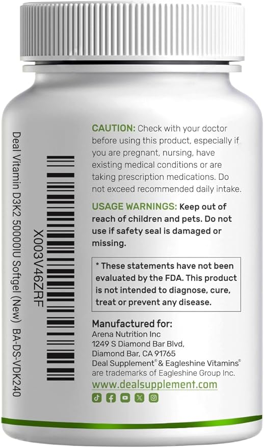 DEAL SUPPLEMENT Vitamin D3 50,000 IU + K2 MK7 200mcg Softgels, 240 Count | 2-in-1 Complex with Virgin Coconut Oil | Supports Heart, Bone, Teeth & Immune Health | Easy to Swallow