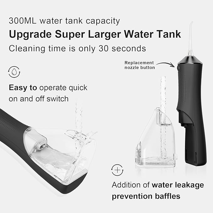 Water Dental Flosser for Teeth, Portable Cordless Water Flosser with 300ML Rechargeable with Type-C, IPX7 Waterproof Water Flossers for Adults with 3 Intensity Modes and 3 Flossing Tips