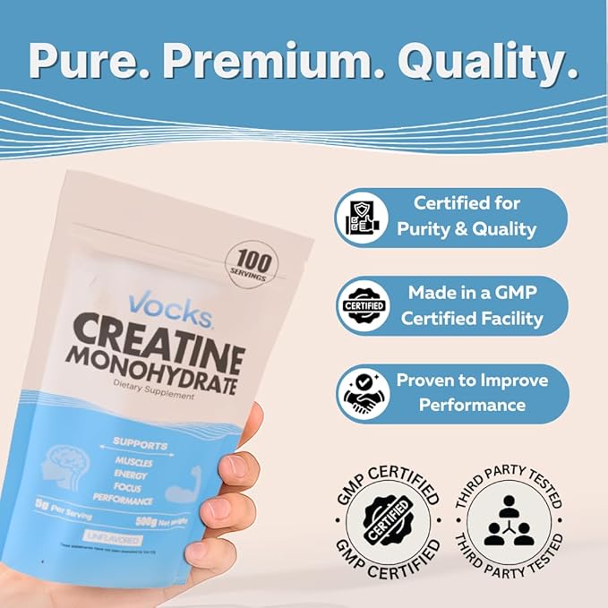 Vocks Creatine Monohydrate Powder - Creatine Supplement, Micronized Creatine, Creatine Powder - Unflavored & Gluten Free, 5g per Servings, 500g (1.1 lbs)