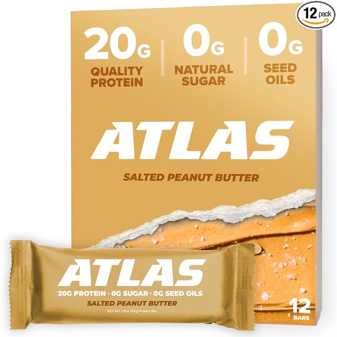 Atlas Protein Bars - 20g Protein, 0g Natural Sugar, 0g Seed Oils, No Sugar Alcohols, No Artificial Ingredients (Salted Peanut Butter, 12 Pack)