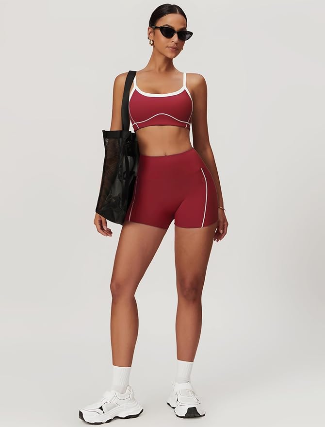Workout Sets for Women 2 Piece Contrast Panel Sports Bra Tummy Control Butt lifting Shorts Jogger Outfits 