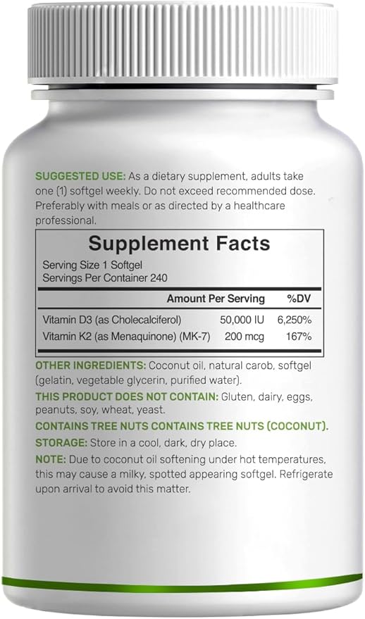 DEAL SUPPLEMENT Vitamin D3 50,000 IU + K2 MK7 200mcg Softgels, 240 Count | 2-in-1 Complex with Virgin Coconut Oil | Supports Heart, Bone, Teeth & Immune Health | Easy to Swallow