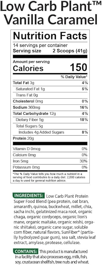 BioTrust Low Carb Plant, Delicious, Creamy, 20 Grams of Clean, Complete, Plant-Based Protein, 5 Grams Fiber, 15 Superfoods, Vegan, Dairy-Free -14 Servings (Vanilla Caramel)