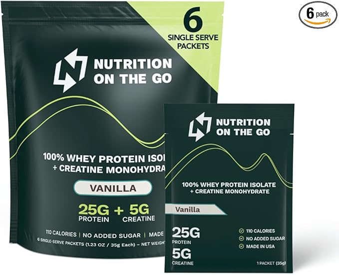 Nutrition On The Go Whey Protein Isolate Packets with Creatine – 25g Protein + 5g Creatine – Single-Serve Travel Protein Powder – Vanilla (6-Pack)