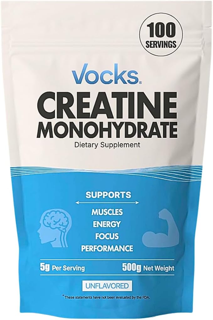 Vocks Creatine Monohydrate Powder - Creatine Supplement, Micronized Creatine, Creatine Powder - Unflavored & Gluten Free, 5g per Servings, 500g (1.1 lbs)
