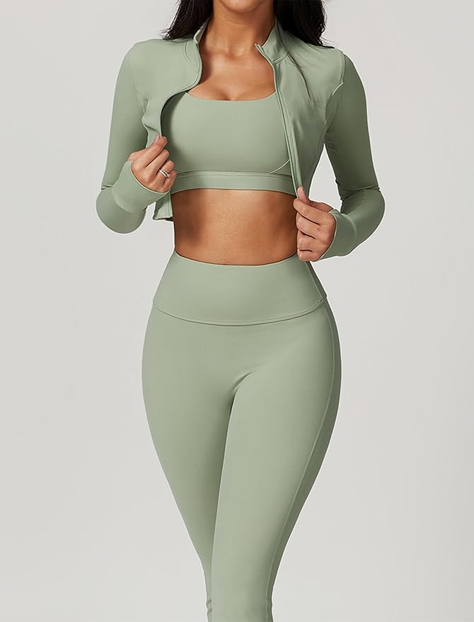 Workout Sets for Women 3 Piece High Waisted Seamless Leggings Crop Top Jacket Gym Yoga Outfit Stretchy Sports Bra Sets