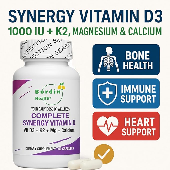 Bone Health Complex - Vitamin D3 1000 IU + Vitamin K, Calcium & Magnesium - 4-in-1 Daily Supplement for Strong Bones & Joints - 60 Capsules