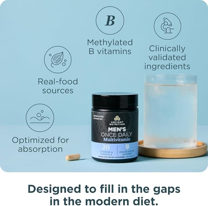 Ancient Nutrition Multivitamin for Men, Ancient Multi Men's Once Daily Vitamin Supplement 30 Ct, Vitamin A, Vitamin B and Vitamin K2, Fenugreek Seed, Supports Immune System, Paleo and Keto Friendly