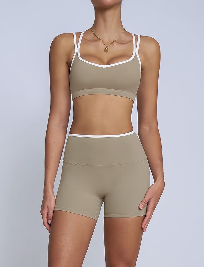 Workout Sets for Women 2 Piece Contrast Panel Sports Bra Tummy Control Butt lifting Shorts Jogger Outfits 