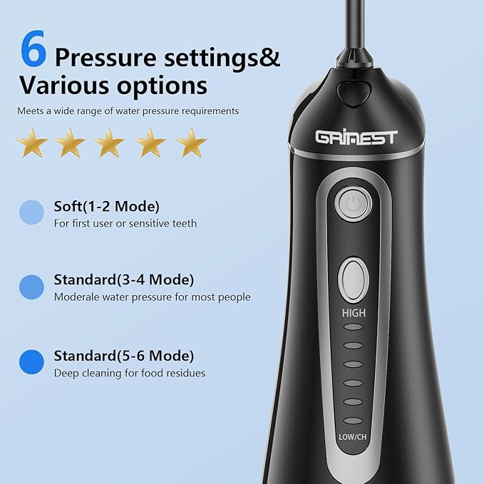 Water Flosser,Water Dental Flosser Pick for Teeth,Grinest 7 Modes Rechargeable Cordless Oral Irrigator Portable IPX7 Waterproof Tooth flossers for Home Travel-Black