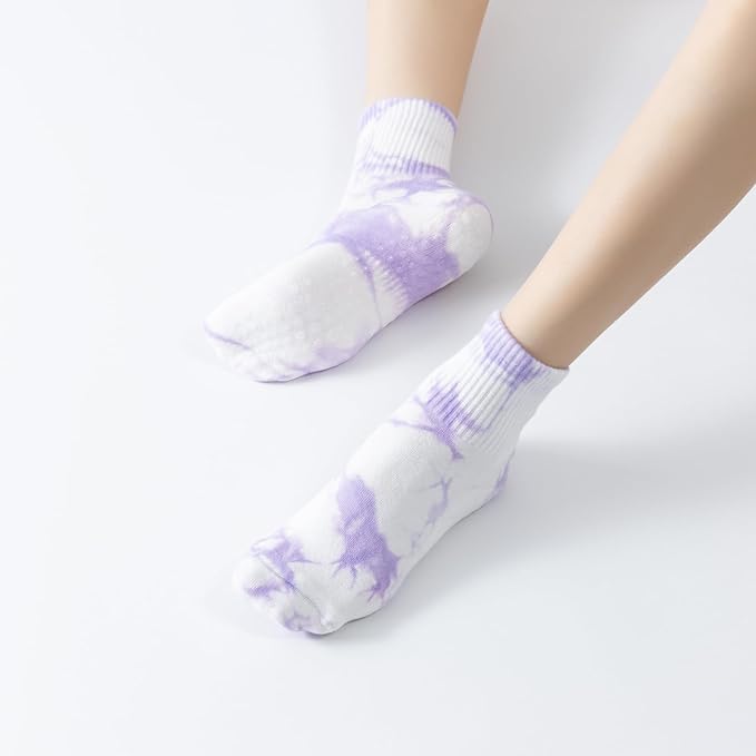 Yoga Pilates Socks with Grips for Women Non Slip Fleece Tie Dye Cushioned Ankle Socks for Barre Ballet Dance
