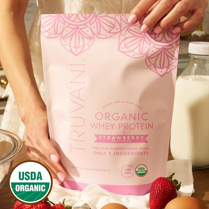 Truvani Organic Whey Protein Powder | Strawberry | 20g Grass Fed Whey Protein | 20 Servings | USDA Organic & Non-GMO | Gluten Free | No Gums, No Soy, No Stevia, No Added Sugars