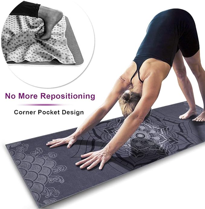 Heathyoga Non Slip Hot Yoga Towel, 100% Microfiber Non Slip Yoga Mat Towel for Hot Yoga, Pilates and Fitness, Exclusive Corner Pockets Design + Free Spray Bottle