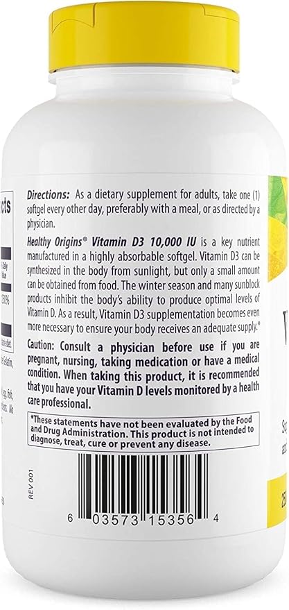 Healthy Origins Vitamin D3 10,000 IU (Non-GMO, High Potency, Bone Support, Immune Support, Gluten Free), 360 Softgels