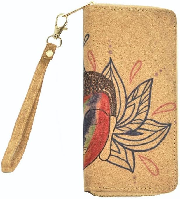 Buddha Cork Vegan Wristlet Wallet - credit card, business cards, coins & bills Room for Cellphone