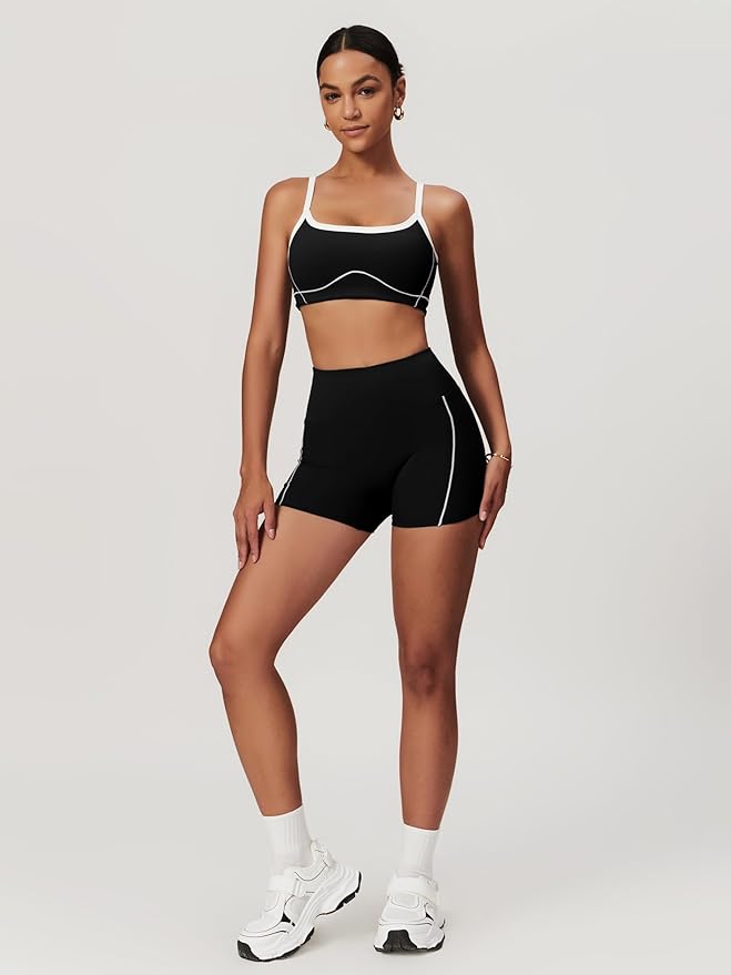 Workout Sets for Women 2 Piece Contrast Panel Sports Bra Tummy Control Butt lifting Shorts Jogger Outfits 