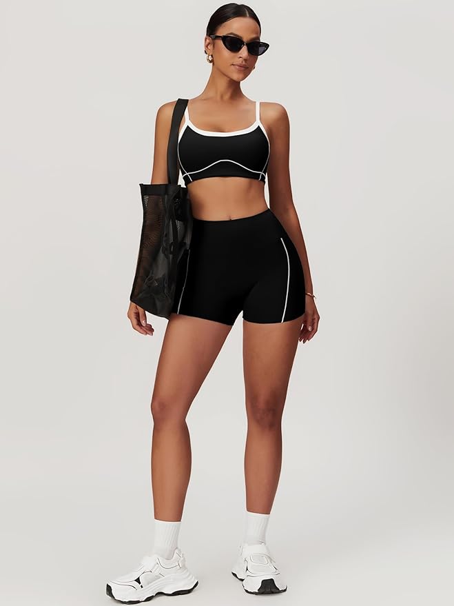 Workout Sets for Women 2 Piece Contrast Panel Sports Bra Tummy Control Butt lifting Shorts Jogger Outfits 