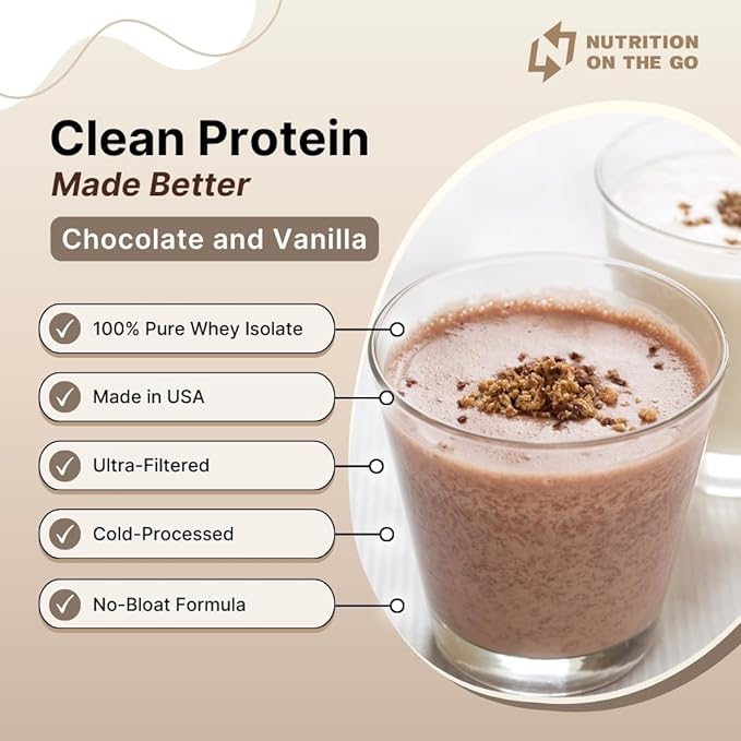 Nutrition On The Go Whey Protein Isolate Packets with Creatine – 25g Protein + 5g Creatine – Single-Serve Travel Protein Powder - Variety Pack (Vanilla & Chocolate) (6-Pack)