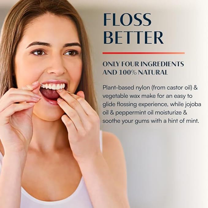 Better & Better Natural Floss in Refillable Glass Jar | Waxed & Zero Plastic Oral Care - 100% Plant-Based, Vegan, Eco and Non Toxic Dental Floss, 1 Spool