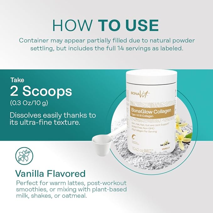 BonaGlow - Hydrolyzed Collagen Powder - Vanilla Flavor - 24 Servings - Type I & III with Vitamin C, Probiotics, and Digestive Enzymes - Skin, Nails, Hair - High Dosis of Collagen & Protein