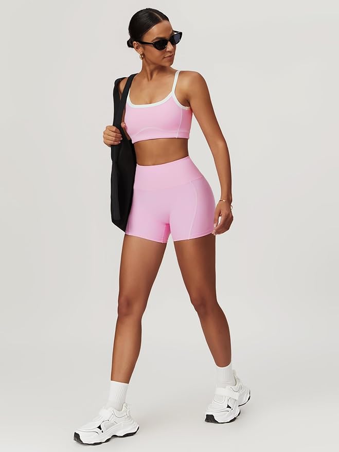 Workout Sets for Women 2 Piece Contrast Panel Sports Bra Tummy Control Butt lifting Shorts Jogger Outfits 