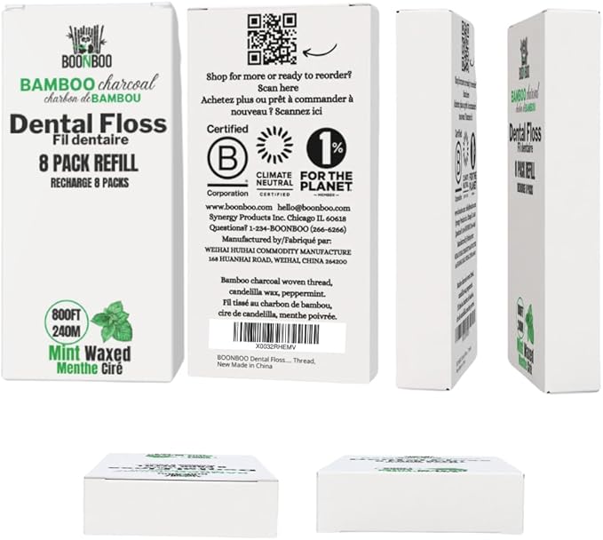 BOONBOO Dental Floss Refill, Charcoal Woven Thread, 8 Pieces, Coconut