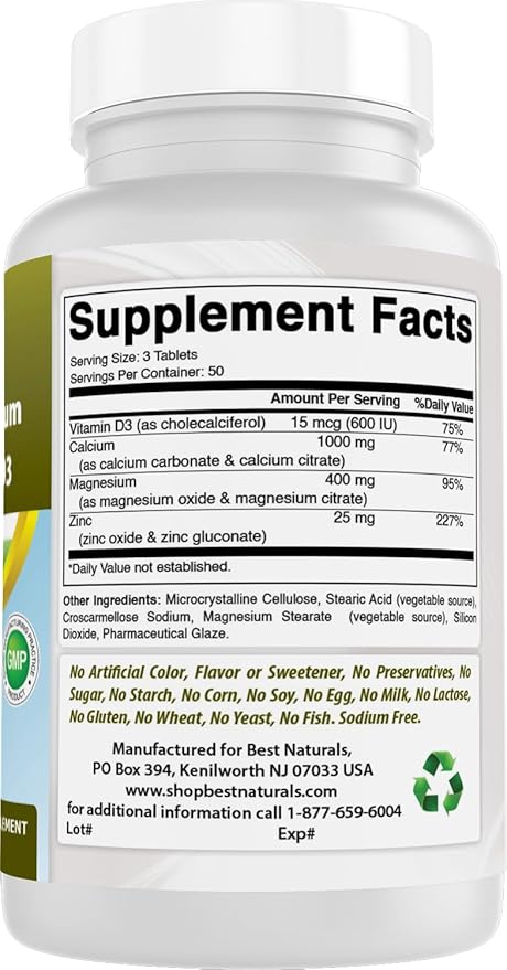 Best Naturals Calcium Magnesium Zinc with Vitamin D3, 150 Tablets - Calcium 1000 mg, Magnesium 400 mg, Zinc 25 mg & D3 600 IU per Serving (3 Tablets)