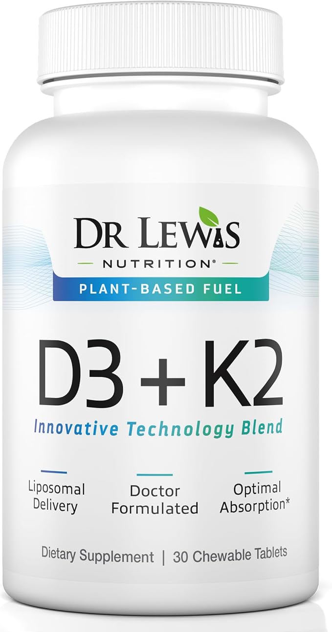 Liposomal Vitamins D3 + K2 Supplement Doctor Formulated Support for Heart, Brain, Bones, and Immune System Sourced from Plant Based Lichen and Natto - Gluten-Free, Non-GMO - 30 Chewable Vegan Tablets