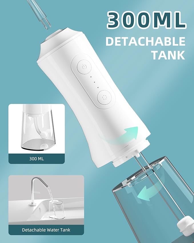 Water Flosser, Water Dental Flosser Pick for Teeth, 300ML IPX7 Waterproof Oral Irrigator, 3 Modes 4 Replaceable Jet Tips, Professional Flossing Cleaning Picks for Home Travel Gums (White)
