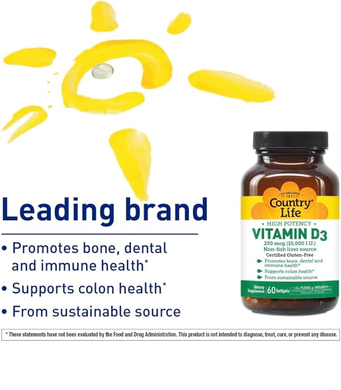 Country Life Vitamin D3 10,000 IU – High Potency Non-Fish Source – Bone & Immune Support – Certified Gluten-Free – 200 Softgels