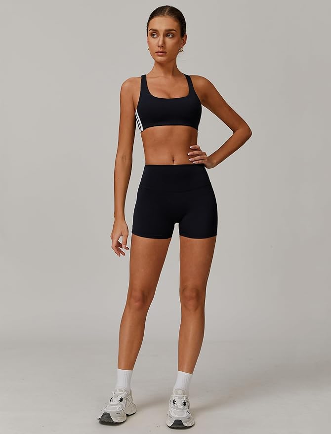 Workout Sets for Women 2 Piece Contrast Panel Sports Bra Tummy Control Butt lifting Shorts Jogger Outfits 