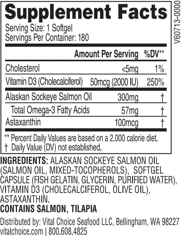 Vital Choice MSC Vitamin D3 in Wild Alaskan Sockeye Salmon Oil Dietary Supplement, 180 Softgels