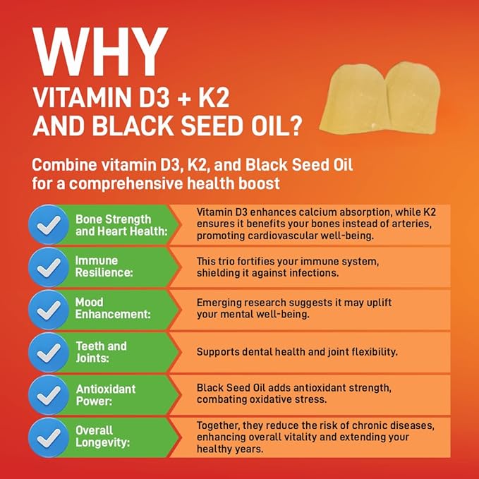 Sakoon nutrition 5000 IU Vitamin D3 K2 Vitamin Supplement with Black Seed Oil for Bone, Teeth, Muscle, and Immune Defense Support, Non-GMO and Gluten Free, 60 Gummy Chewables