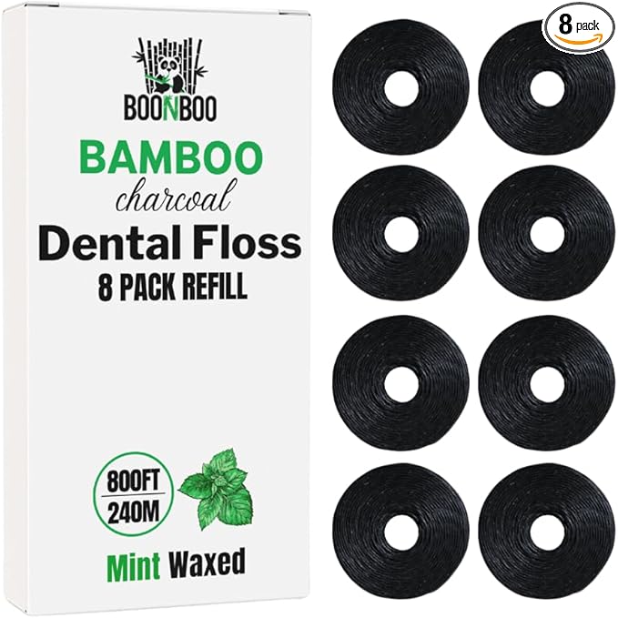 BOONBOO Dental Floss Refill Rolls, Charcoal Woven Thread, 8 Pack, Mint